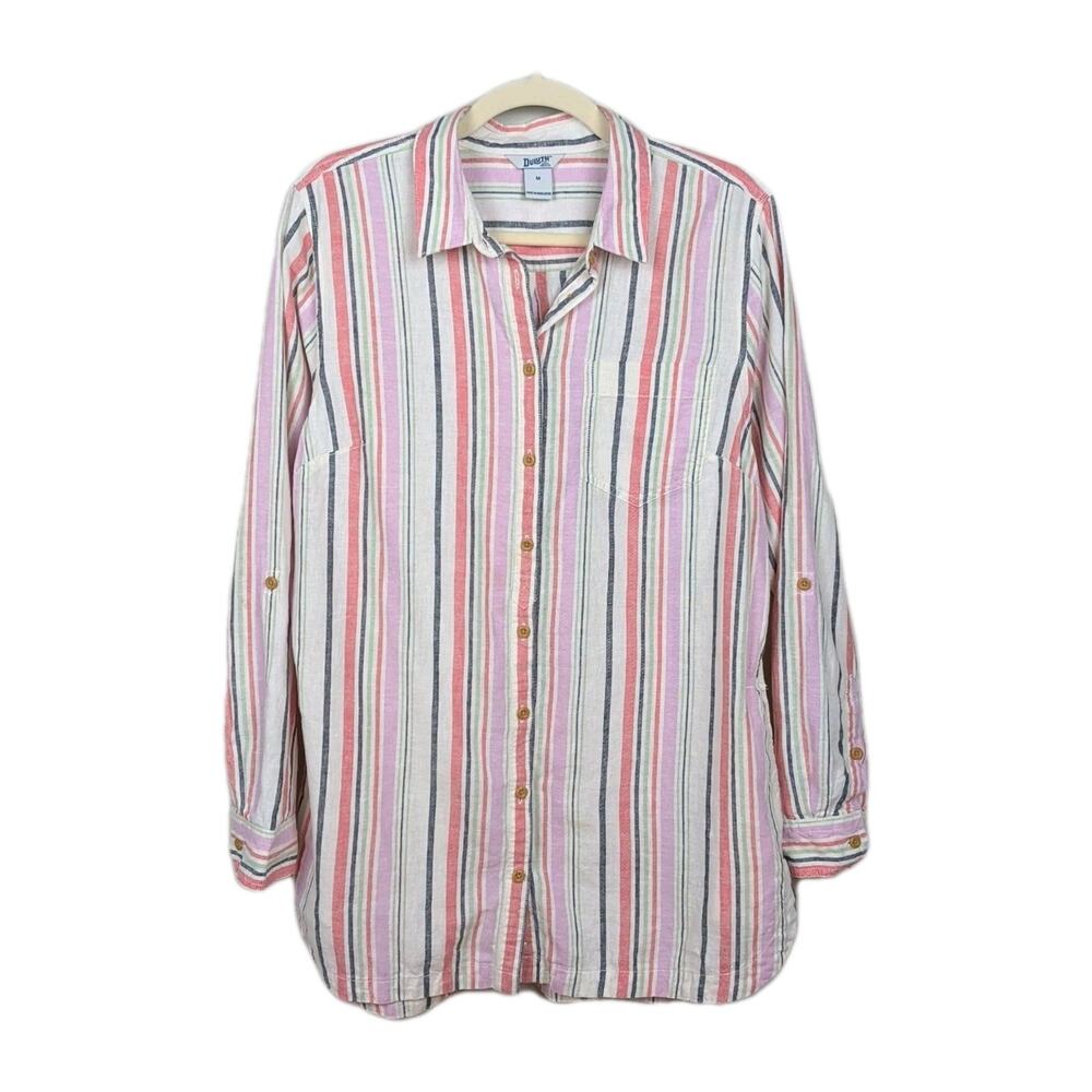 DULUTH TRADING CO Artisan Hemp Tunic Buttoned Multi Stripe Print Women's Medium